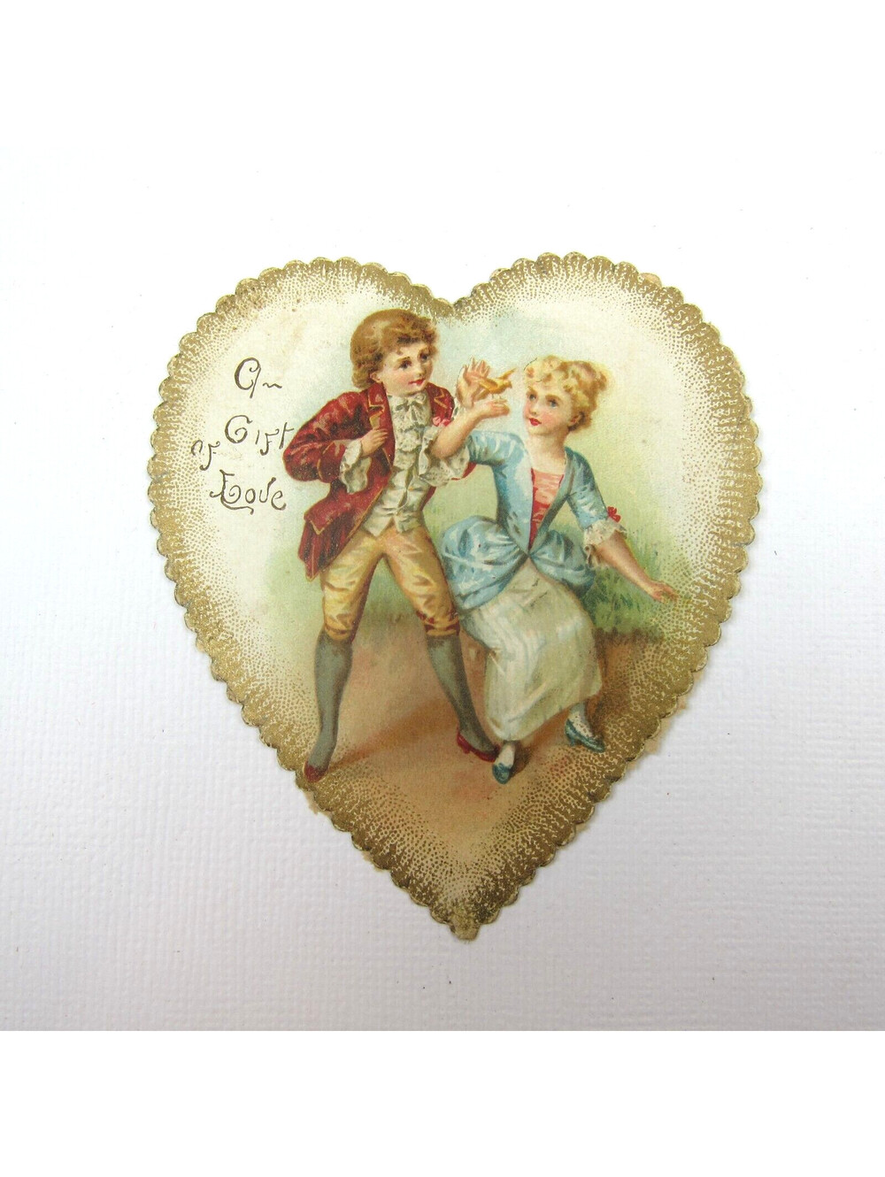 Valentine Card Heart Ephemera Boy Girl Antique 1700s Fashion Red Coat Blue Dress